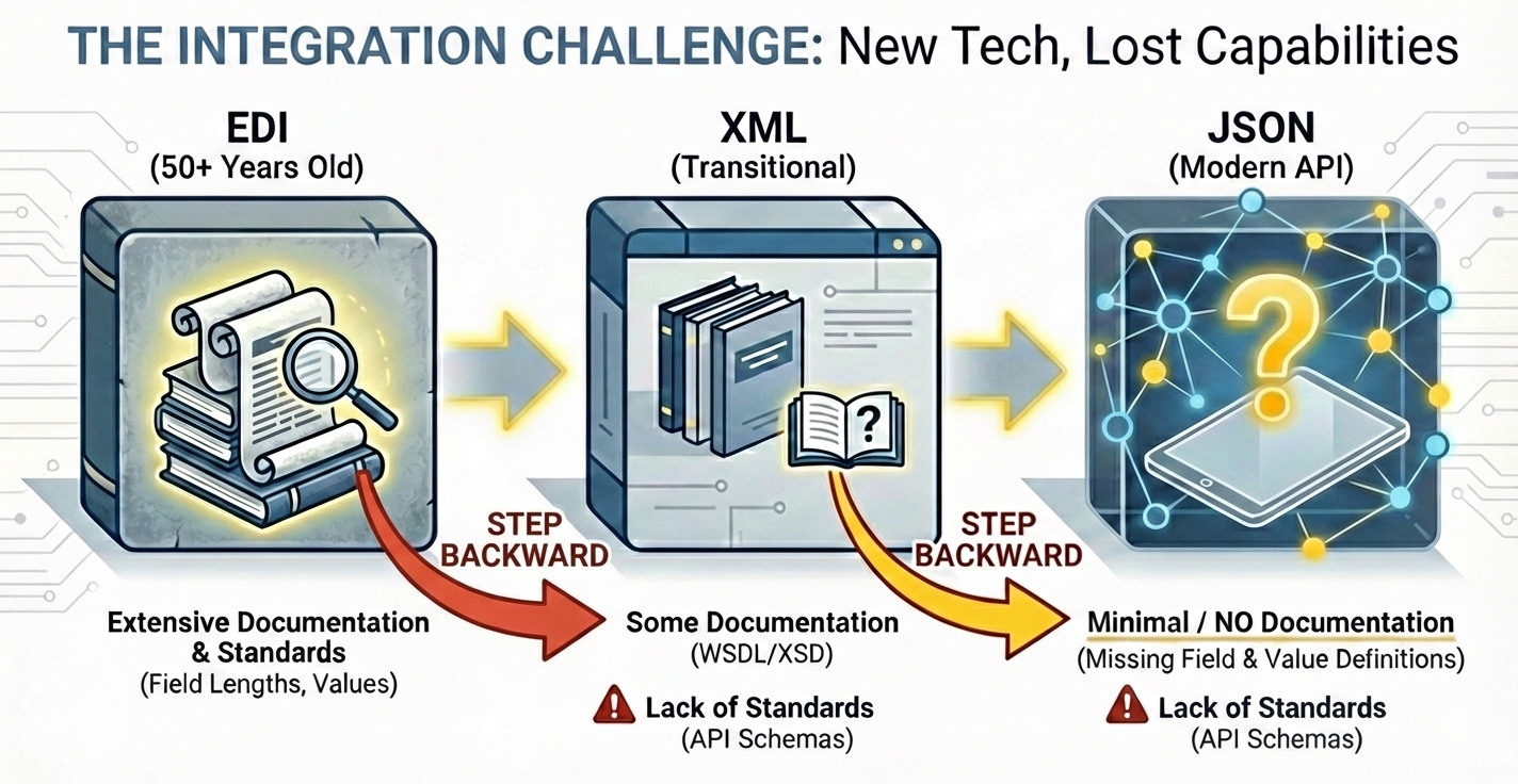 AI Generated illustration of how modern integration XML and JSON methods have moved away from traditional EDI standards and documentation making it more difficult to build and maintain integrations