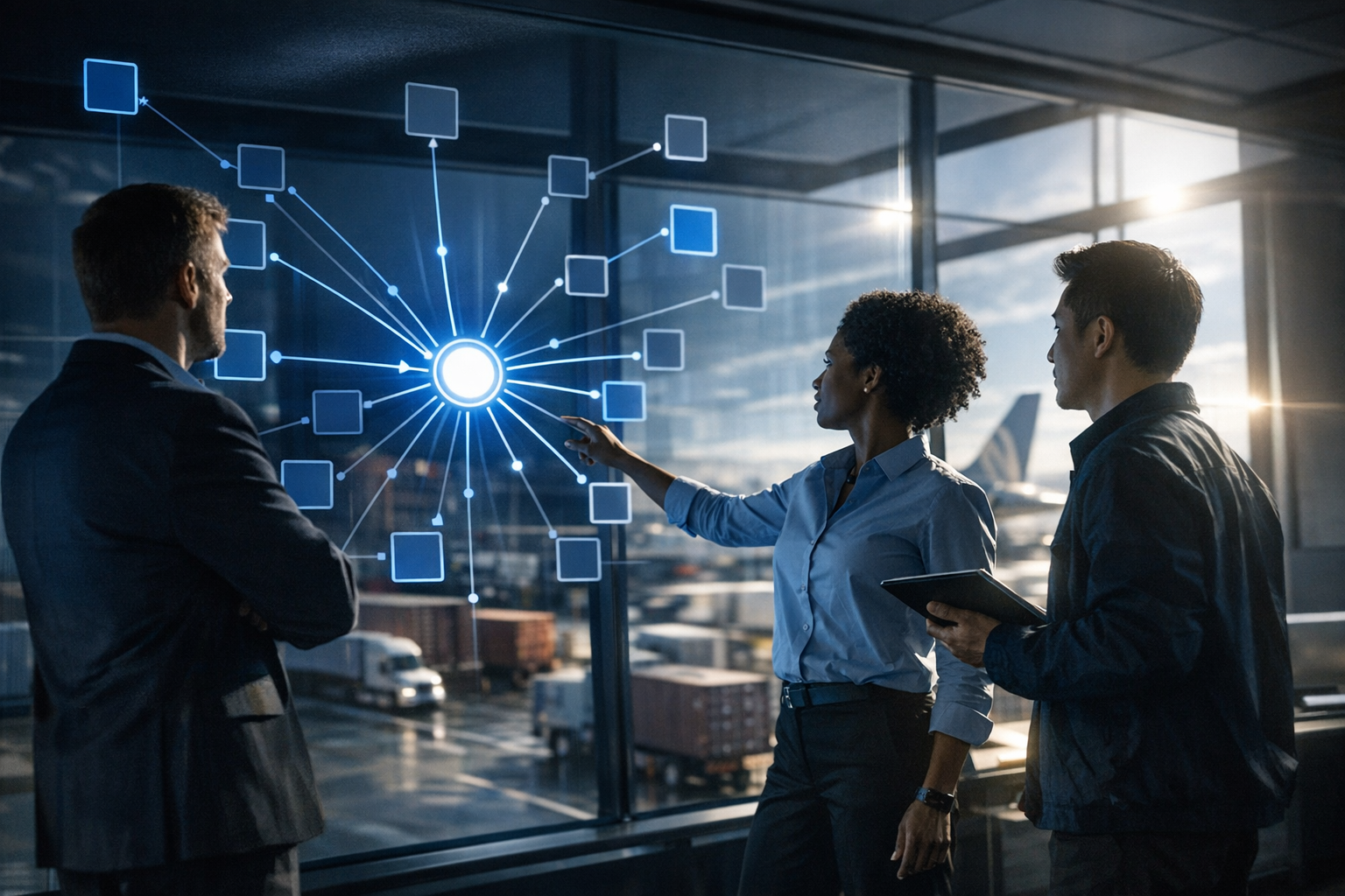 Photorealistic, cinematic scene inside a modern logistics control tower. A small, diverse team of operations leaders stands near a glass wall interfac